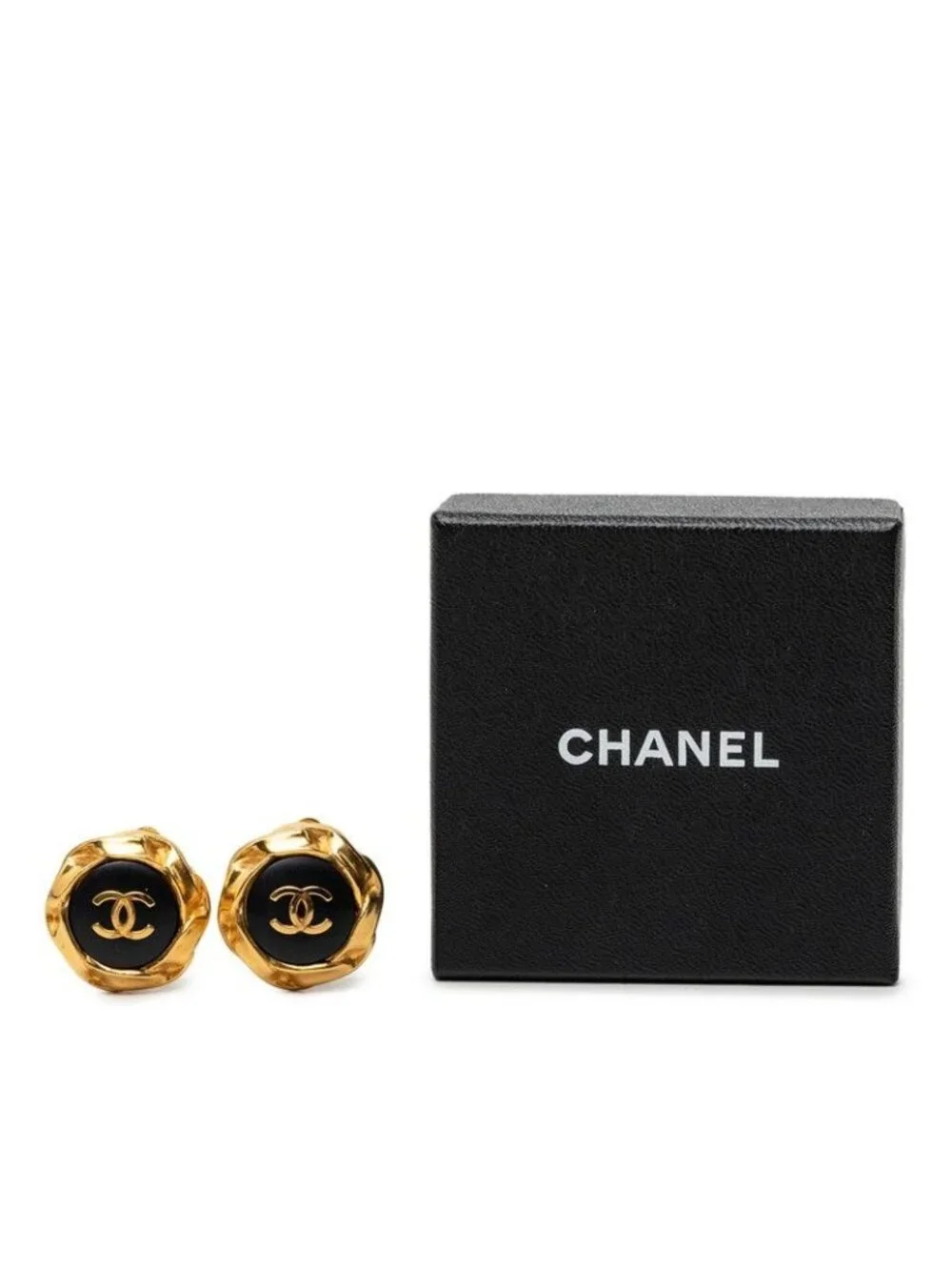 Chanel CC Logo Vintage Earrings 96P Gold Black Plated